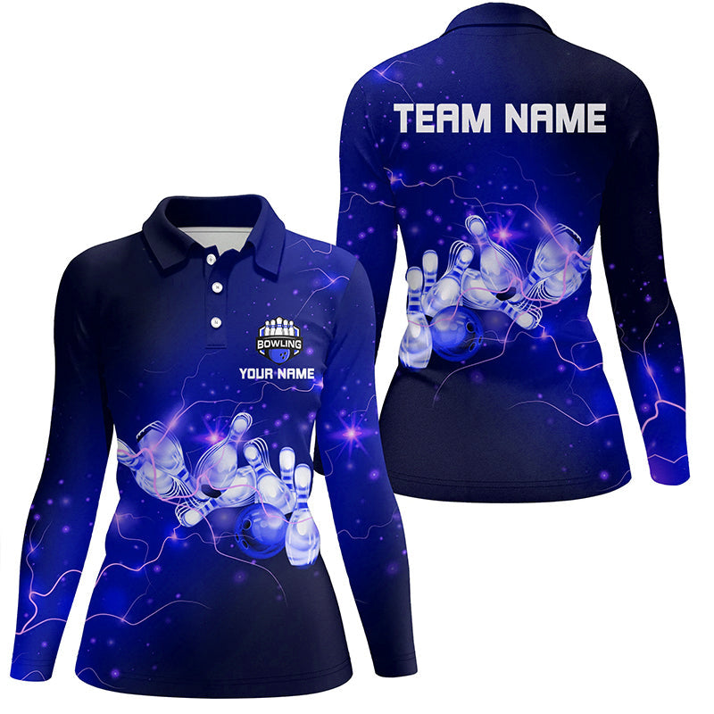 Damen-Bowling-Poloshirts – Individuelle Blaue Blitze und Donner Bowling-Team-Bowler-Trikots für Damen NQS6681