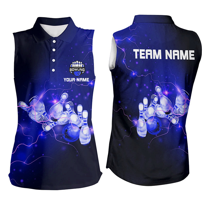 Damen-Ärmellose Bowling-Poloshirts – Individuelle Blaue Blitze und Donner Team-Trikots für Damen NQS6681