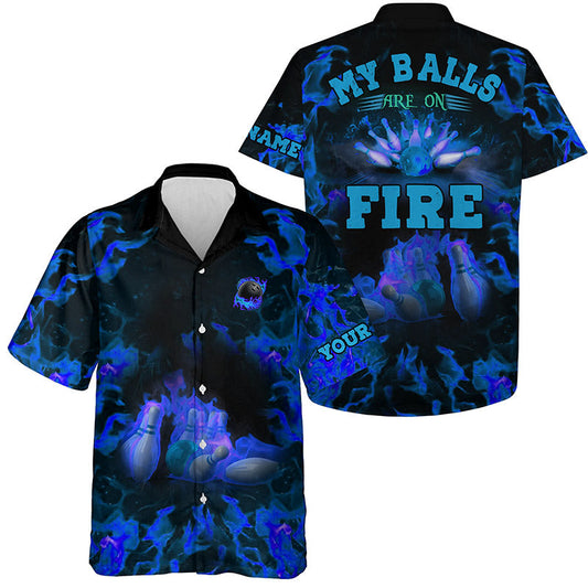 Blaue Flammen-Bowling-Shirts – „My balls are on fire“ Hawaiian-Shirt für Herren, Button-up Bowling-Shirts NQS6457