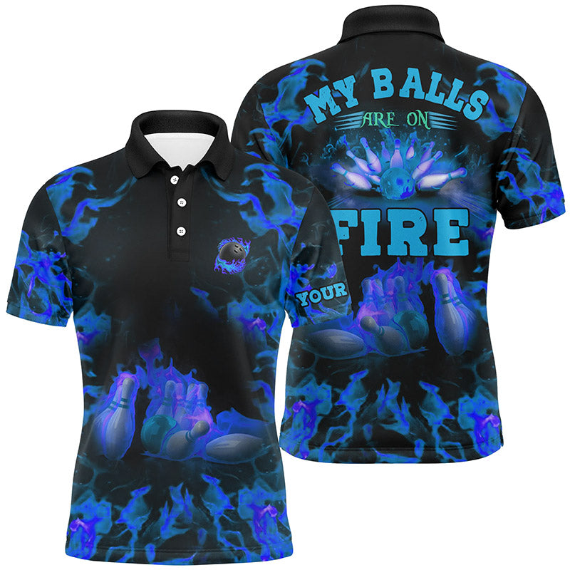 Blaue Flammen-Bowling-Shirts – Individueller Name „My balls are on fire“ Bowling-Poloshirts für Herren, Bowling-Trikots NQS6457