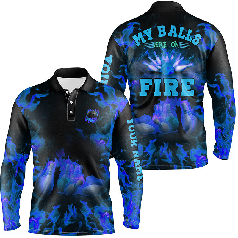 Blaue Flammen-Bowling-Shirts – Individueller Name „My balls are on fire“ Bowling-Poloshirts für Herren, Bowling-Trikots NQS6457