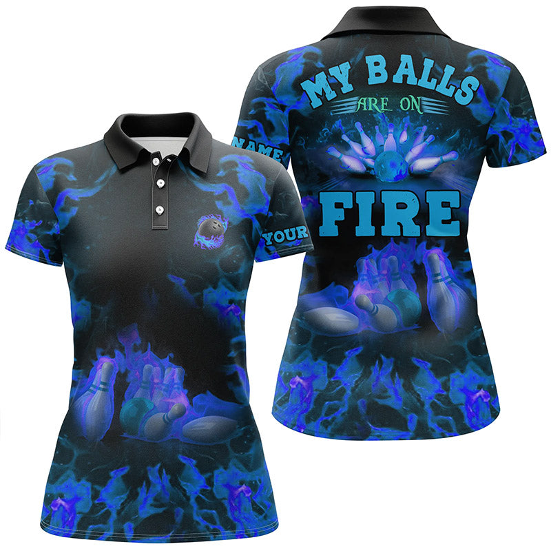 Blaue Flammen-Bowling-Shirts – „My balls are on fire“ Bowling-Poloshirts für Damen, Bowling-Trikot NQS6457