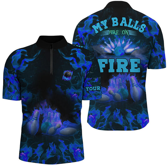 Blaue Flammen-Bowling-Shirts – „My balls are on fire“ Bowling-Quarter-Zip-Shirts für Herren, Bowling-Trikot NQS6457