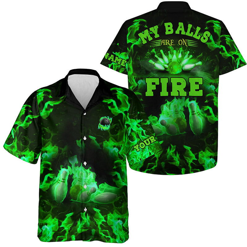 Grüne Flammen-Bowling-Shirts – „My balls are on fire“ Hawaiian-Shirt, Button-up Bowling-Shirts NQS6458