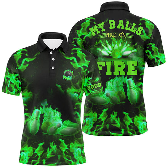 Grüne Flammen-Bowling-Shirts – „My balls are on fire“ Bowling-Poloshirts für Herren, Bowling-Trikots NQS6458