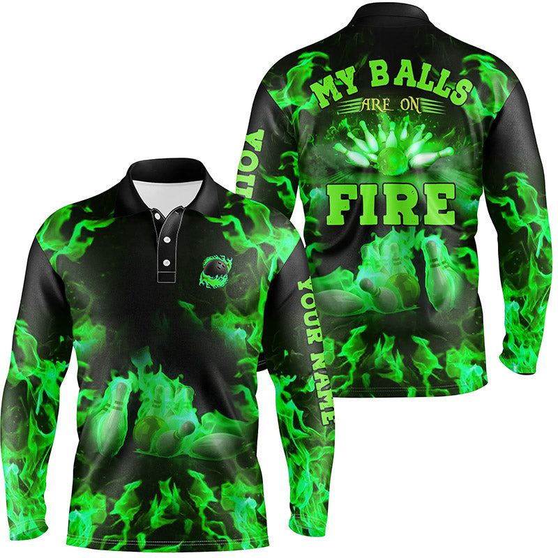 Grüne Flammen-Bowling-Shirts – „My balls are on fire“ Bowling-Poloshirts für Herren, Bowling-Trikots NQS6458