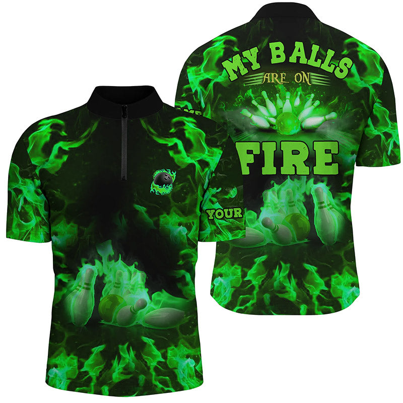 Grüne Flammen-Bowling-Shirts – „My balls are on fire“ Quarter-Zip-Shirts für Herren, Bowling-Trikot NQS6458