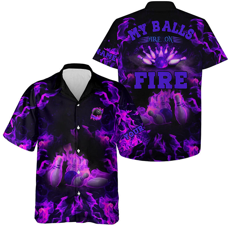 Lila Flammen-Bowling-Shirts – „My balls are on fire“ Hawaiian-Shirt, Button-up Bowling-Shirts NQS6459