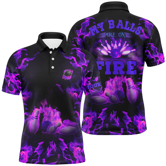 Lila Flammen-Bowling-Shirts – „My balls are on fire“ Bowling-Poloshirts für Herren, Bowling-Trikots NQS6459