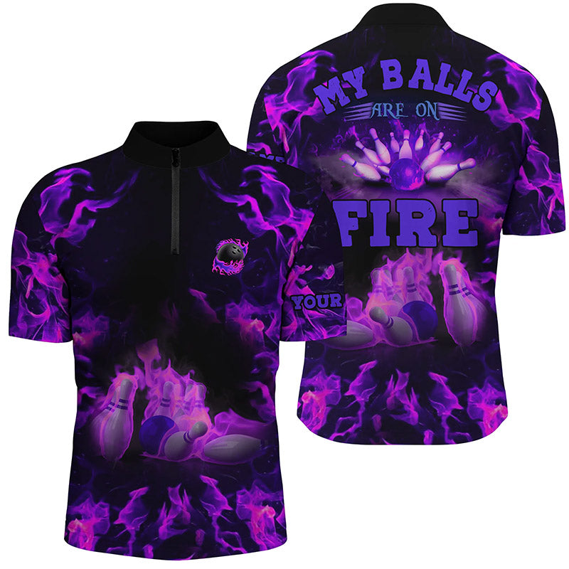 Lila Flammen-Bowling-Shirts – „My balls are on fire“ Quarter-Zip-Shirts für Herren, Bowling-Trikot NQS6459