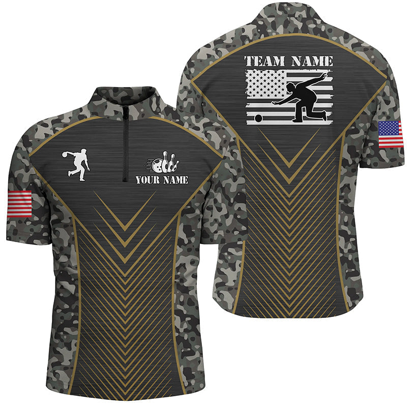 Herren-Bowling-Quarter-Zip-Shirts – Individuelle Grün Camo American Flag Team-Liga-Trikots für Herren NQS6702