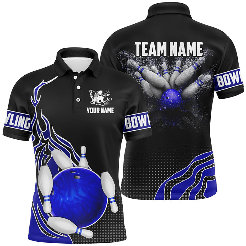 Blau-schwarze Bowling-Poloshirts für Herren – Individuelle Bowlingkugel & Pins Team-Liga-Trikots, Bowling-Geschenke NQS6252