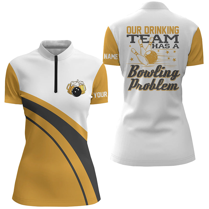 Gelbe Retro-Bier-Bowling-Quarter-Zip-Shirts für Damen My drinking team has a bowling problem NQS6755