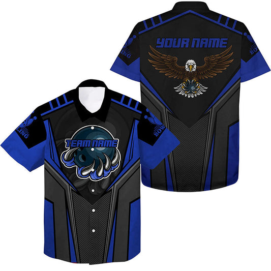 Personalisierte hawaiianische Bowlinghemden für Männer, Name und Teamname, Eagle Men's Bowling Team Shirts | Blau NQS4631