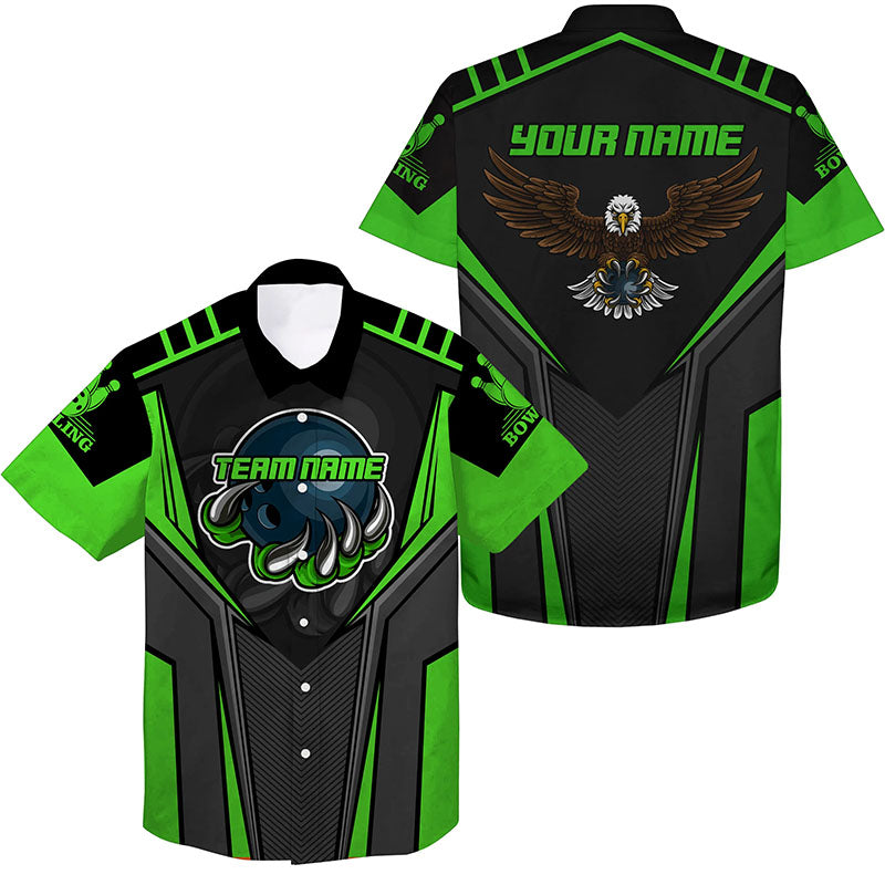 Personalisierte hawaiianische Bowlinghemden für Männer, Name und Teamname, Eagle Men's Bowling Team Shirts | Grün NQS4631