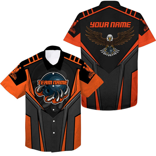 Personalisierte hawaiianische Bowlinghemden für Männer, Name und Teamname, Eagle Men's Bowling Team Shirts | Orange NQS4631