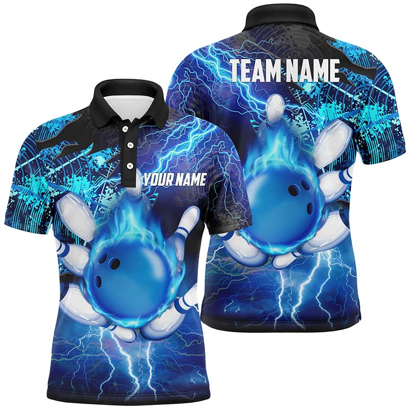 Herren-Bowling-Poloshirt – Individuelle Flammen-Blitz-Donner-Team-Bowling-Trikots | Blau NQS6507