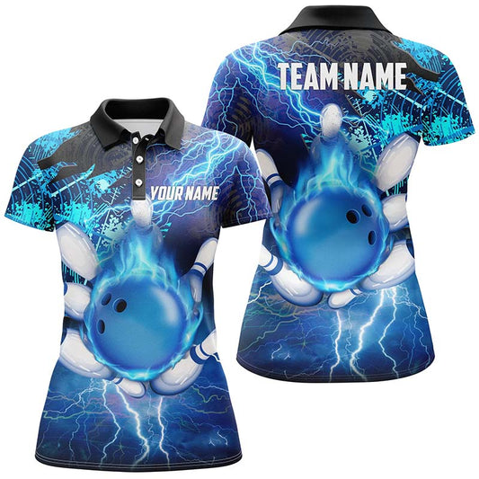 Damen-Bowling-Poloshirt – Individuelle Flammen-Blitz-Donner-Team-Bowling-Trikots | Blau NQS6507