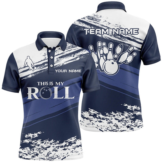 Herren-Bowling-Kurzarm-Poloshirt – Individueller Name, marineblau-weißes Team-Bowler-Trikot „This is my roll“ NQS5869