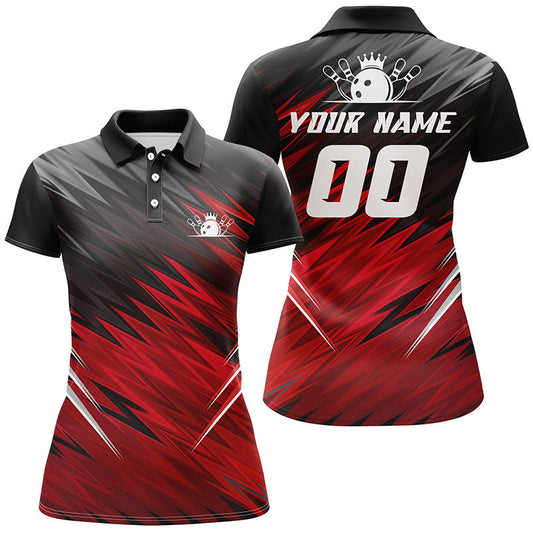 Rot-schwarzes Damen-Bowling-Poloshirt mit Kurzarm, personalisiertes Bowlinghemd für Damen, Team-Bowlingtrikots NQS5137