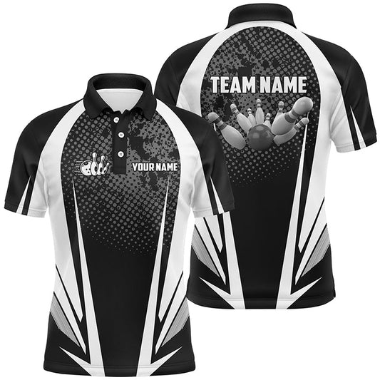 Herren-Bowling-Kurzarm-Poloshirt – Individuelle Bowlingkugel und Pins, schwarz-weißes Team-Bowler-Trikot NQS5873