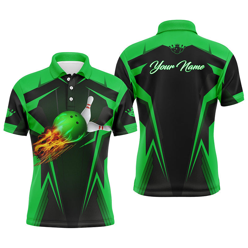 Personalisierte Herren-Bowling-Poloshirts, Flammen-Bowlingkugel und Pins, Bowling-Polo für Männer | Grün NQS4503