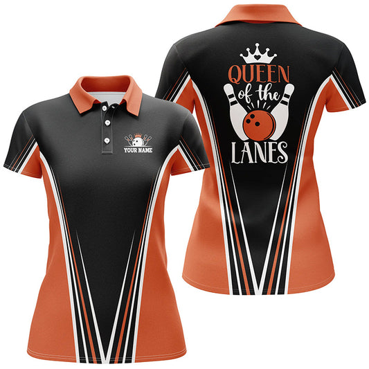 Queen of the lanes Kurzarm-Polo-Bowlinghemden für Damen, personalisiertes Geschenk für Bowling-Spielerinnen | Orange NQS4648