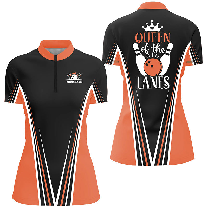 Queen of the lanes Bowlinghemden mit Viertelreißverschluss für Damen, personalisiertes Geschenk für Bowling-Spielerinnen | Orange NQS4648