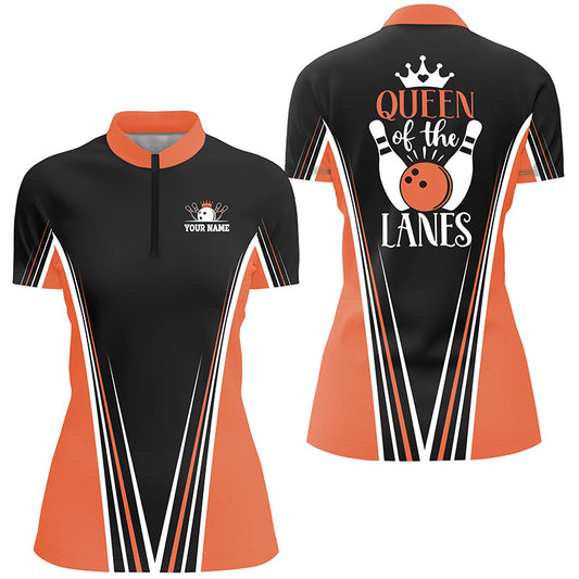 Queen of the lanes Bowlinghemden mit Viertelreißverschluss für Damen, personalisiertes Geschenk für Bowling-Spielerinnen | Orange NQS4648