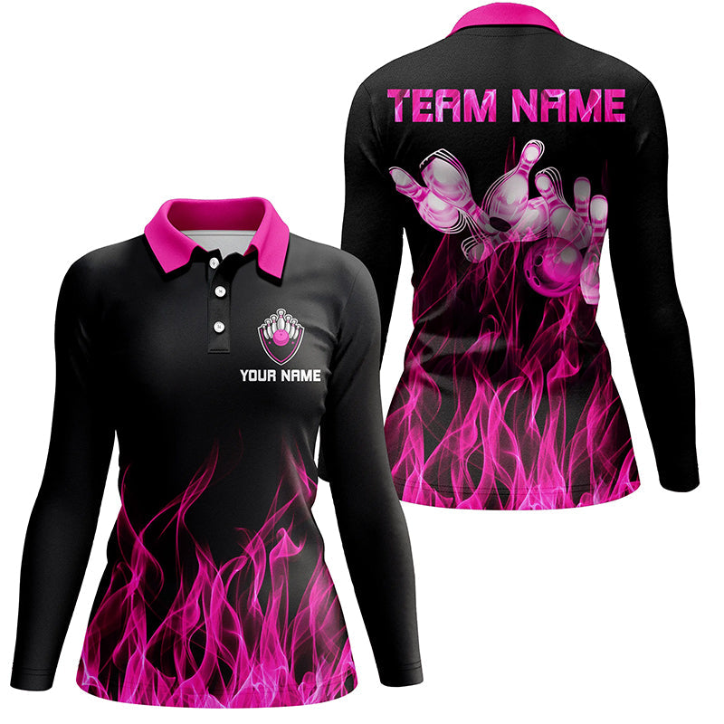 Schwarz-Pink Flammen-Damen-Bowling-Poloshirt – Bowling-Trikots, personalisierte Bowling-Team-Shirts NQS5880