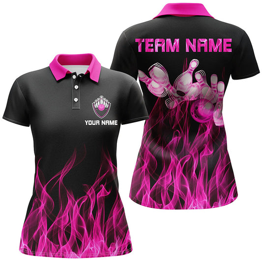 Schwarz-Pink Flammen-Damen-Bowling-Poloshirt – Bowling-Trikots, personalisierte Bowling-Team-Shirts NQS5880