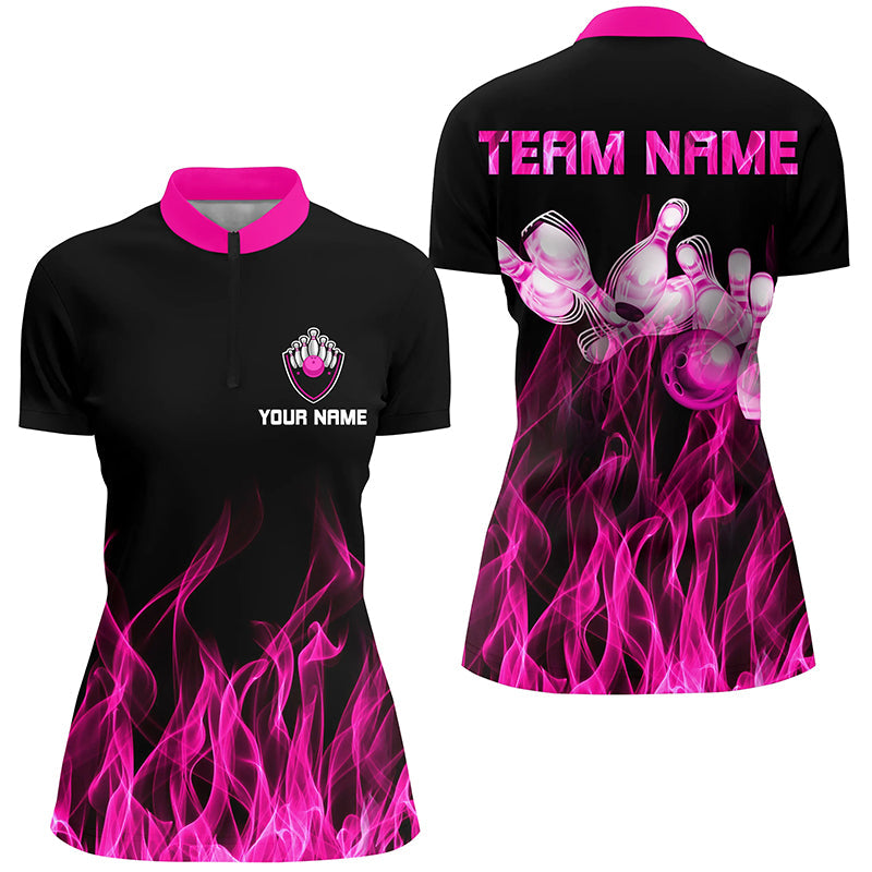 Schwarz-Pink Flammen-Bowling-Quarter-Zip-Shirt für Damen – Bowling-Trikots, personalisierte Bowling-Team-Shirts NQS5880