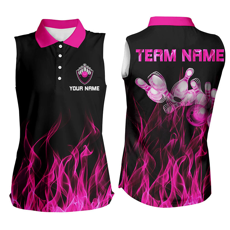 Schwarz-Pink Flammen-Damen-Ärmelloses Poloshirt – Bowling-Trikots, personalisierte Bowling-Team-Shirts NQS5880