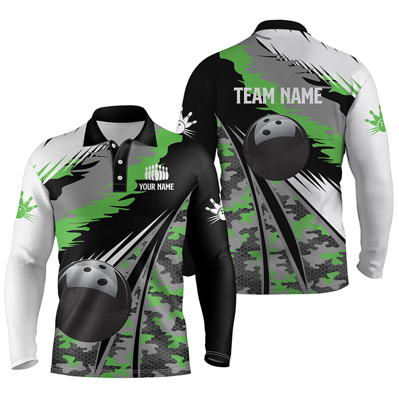 Herren-Bowling-Poloshirts, personalisierte schwarze Bowlingkugel mit grünem Camo-Muster, Bowling-Teamtrikot, Geschenk für Bowler NQS5422