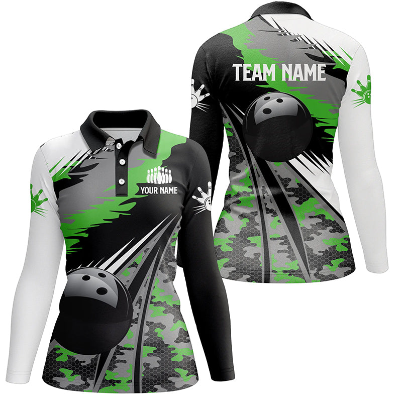 Damen-Bowling-Poloshirts, personalisierte schwarze Bowlingkugel mit grünem Camo-Muster, Bowling-Teamtrikot, Geschenk für Bowler NQS5422