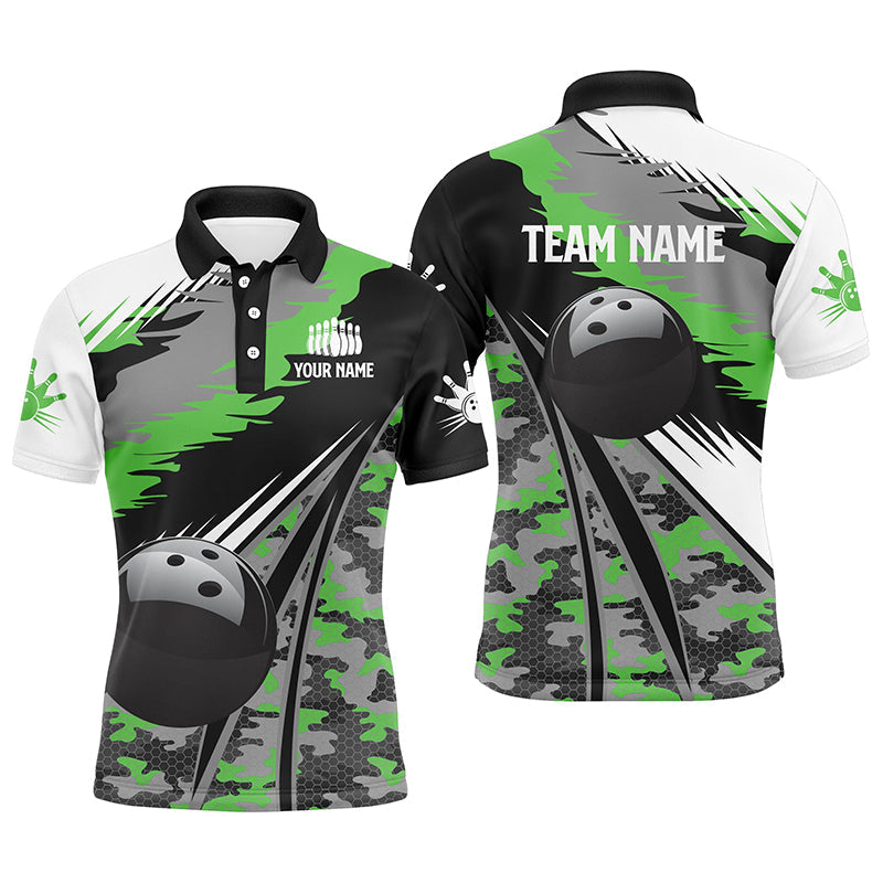 Herren-Bowling-Poloshirts, personalisierte schwarze Bowlingkugel mit grünem Camo-Muster, Bowling-Teamtrikot, Geschenk für Bowler NQS5422