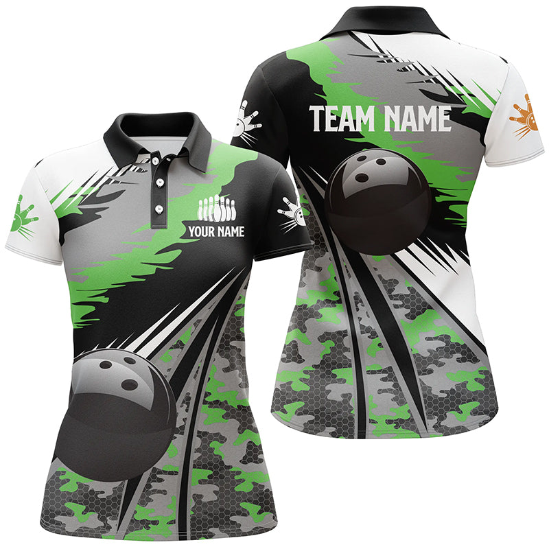 Damen-Bowling-Poloshirts, personalisierte schwarze Bowlingkugel mit grünem Camo-Muster, Bowling-Teamtrikot, Geschenk für Bowler NQS5422