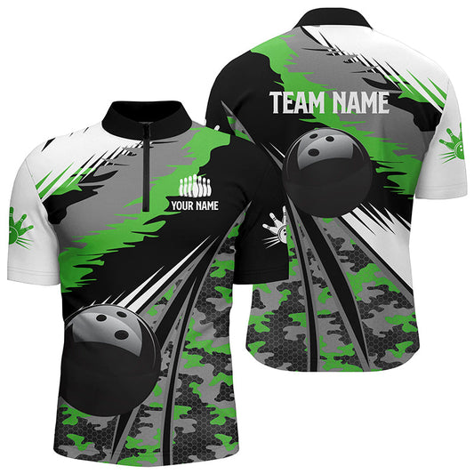 Herren-Bowlinghemden mit Viertelreißverschluss, personalisierte schwarze Bowlingkugel mit grünem Camo-Muster, Bowling-Teamtrikot, Geschenk für Bowler NQS5422