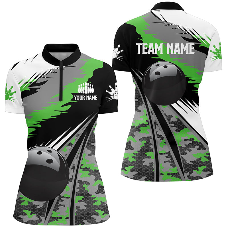 Damen-Bowlinghemden mit Viertelreißverschluss, personalisierte schwarze Bowlingkugel mit grünem Camo-Muster, Bowling-Teamtrikot, Geschenk für Bowler NQS5422