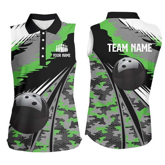 Ärmellose Damen-Bowling-Poloshirts, personalisierte schwarze Bowlingkugel mit grünem Camo-Muster, Bowling-Teamtrikot, Geschenk für Bowler NQS5422