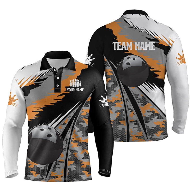 Herren-Bowling-Poloshirts, personalisierte schwarze Bowlingkugel mit orangefarbenem Camo-Muster, Bowling-Teamtrikot, Geschenk für Bowler NQS5423