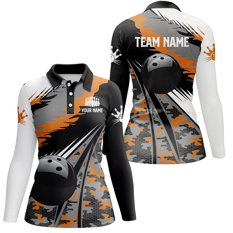 Damen-Bowling-Poloshirts, personalisierte schwarze Bowlingkugel mit orangefarbenem Camo-Muster, Bowling-Teamtrikot, Geschenk für Bowler NQS5423