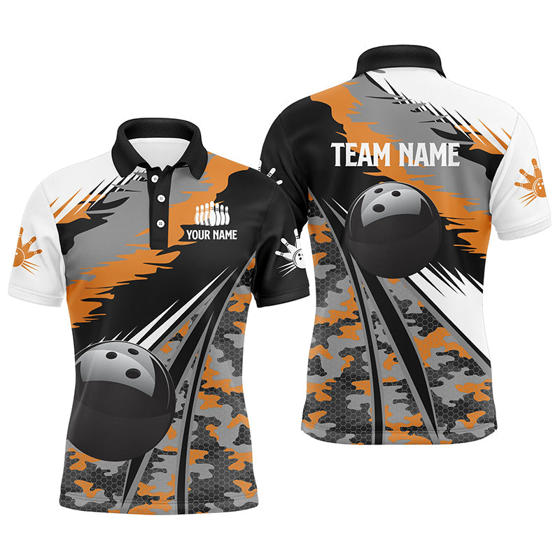 Herren-Bowling-Poloshirts, personalisierte schwarze Bowlingkugel mit orangefarbenem Camo-Muster, Bowling-Teamtrikot, Geschenk für Bowler NQS5423