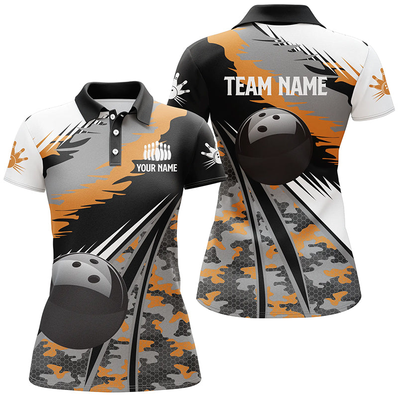 Damen-Bowling-Poloshirts, personalisierte schwarze Bowlingkugel mit orangefarbenem Camo-Muster, Bowling-Teamtrikot, Geschenk für Bowler NQS5423