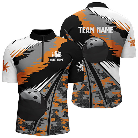 Herren-Bowlinghemden mit Viertelreißverschluss, personalisierte schwarze Bowlingkugel mit orangefarbenem Camo-Muster, Bowling-Teamtrikot, Geschenk für Bowler NQS5423