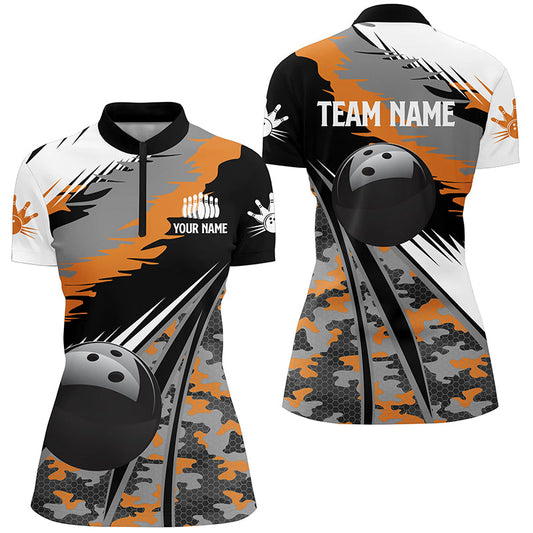 Damen-Bowlinghemden mit Viertelreißverschluss, personalisierte schwarze Bowlingkugel mit orangefarbenem Camo-Muster, Bowling-Teamtrikot, Geschenk für Bowler NQS5423