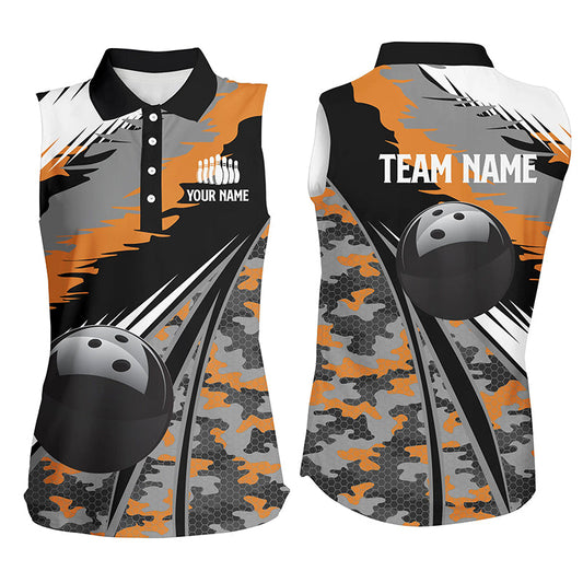 Ärmellose Damen-Bowling-Poloshirts, personalisierte schwarze Bowlingkugel mit orangefarbenem Camo-Muster, Bowling-Teamtrikot, Geschenk für Bowler NQS5423