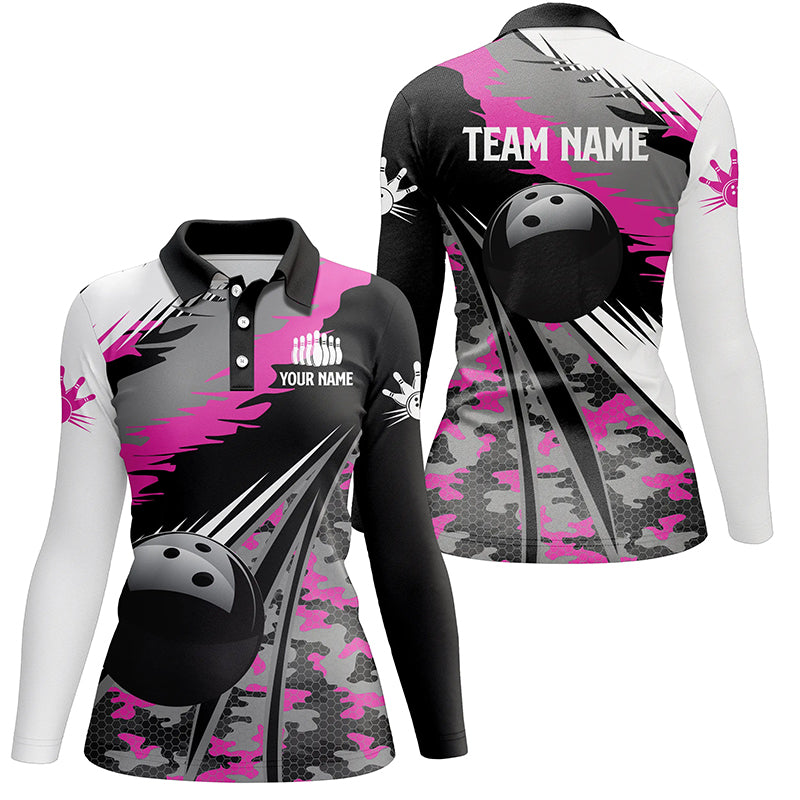 Damen-Bowling-Poloshirts, personalisierte schwarze Bowlingkugel mit pinkfarbenem Camo-Muster, Bowling-Teamtrikot, Geschenk für Bowlerinnen NQS5424