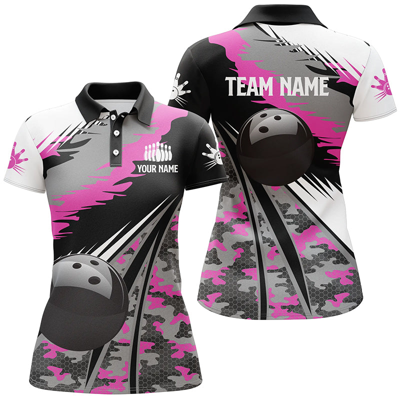 Damen-Bowling-Poloshirts, personalisierte schwarze Bowlingkugel mit pinkfarbenem Camo-Muster, Bowling-Teamtrikot, Geschenk für Bowlerinnen NQS5424