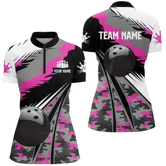 Damen-Bowlinghemden mit Viertelreißverschluss, personalisierte schwarze Bowlingkugel mit pinkfarbenem Camo-Muster, Bowling-Teamtrikot, Geschenk für Bowler NQS5424